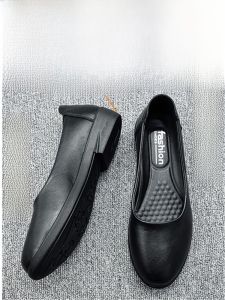 Black Low Heel Work Shoes Soft Bottom Flat Office Footwear Professional Female Slip-On round Toe Leather Shoes for Hotel Stewardess