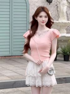 French Sweet Style V-Neck Short Sleeve Knitted T-Shirt Womens Slim Fit Summer New Fashion Small Size Body Shaping Top