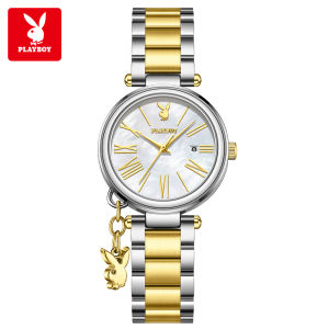 นาฬิกาข้อมือเพลย์บอยสำหรับผู้หญิงของแท้กันน้ำสวยหรูสไตล์เกาหลีหรูหราจี้นาฬิกาข้อมือระบบควอทซ์สแตนเลสสายเหล็ก