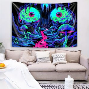 VIKAMA Halloween Magic Forest Tapestry Green Eye Pink Stream Colorful Mushroom Bedroom Meditation Room Fantasy Style Decoration