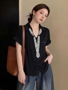 AIYITI | French Style Silk Scarf Black Short Sleeve Blouse