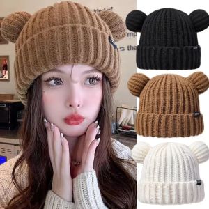 Dễ thương tai gấu Beanie dệt kim mùa đông dày mũ bảo vệ tai ấm áp cho phụ nữ Cô Gái Ngoài trời Mũ thời trang đi bộ