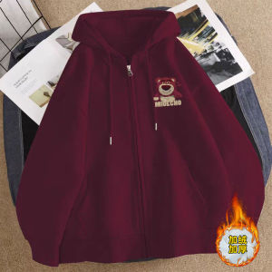 Red Fleece-Lined Hooded Cardigan Jacket for Girls Korean Style Zipper Closure Warm Outerwear Strawberry Bear Design Autumn Winter Clothes