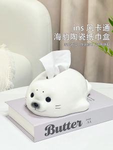 Cute Seal Ceramic Tissue Box Living Room Desktop Creative Drawer Style Tissue Holder Paper Towel Box Decorative Home Accessories