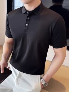 Mens Long Velvet Cotton Polo Shirt Short Sleeve Summer New Style Turn-down Collar Half Sleeve Slim Fit Ice Silk Breathable Solid Color T-shirt