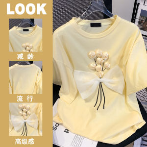 Pure Cotton Short-Sleeve T-Shirt for Women with 3D Flower Design Casual Workwear Style Loose Fit Regular Length