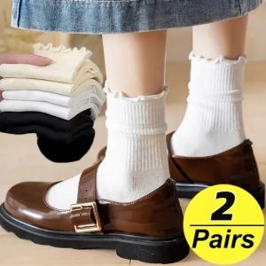 2Pairs Sweet Ruffle Mid Tube Socks Women Girls Japanese Kawaii Lolita JK Sock Autumn Black White Simple Cotton Sox