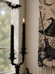 Halloween Tassel Wall Tapestry Gothic Witch Black Cat Crow Haunted House Skull Printed Banner Vintage Spooky Wall Hanging Decor