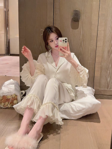 Áo Ngủ Lụa Băng Dài Tay Cho Nữ Mùa Xuân Thu Mới Về Chất Liệu Polyester Thoải Mái Dễ Thương Quần Dài Có Khóa Kéo