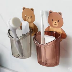 Polocat ที่ใส่แปรงสีฟันรูปหมีติดผนังอุปกรณ์ในห้องน้ำสำหรับเด็กกันน้ำไม่เจาะกล่องใส่ของเอนกประสงค์ ABS และ PP