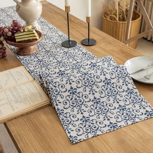 VIKAMA Vintage Blue and White Porcelain Table Runner for Dining Room Coffee Table Sideboard Tablecloth Picnic Camping Home Decor