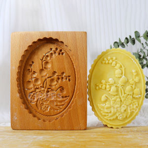 Wood Cookie Molds with Lily of The Valley Pattern 3D DIY Carved Embossed Cookie Cutter Moulds for Baking Fondant Cake Biscuit