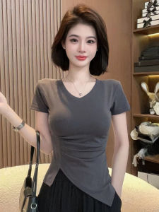 เสื้อยืดแขนสั้นคอวีผู้หญิงทรงสลิมฟิตยืดหยุ่นสำหรับฤดูร้อนปี 2025 ทรงเข้ารูป ทรงสลิมฟิต เสื้อผ้าทำงาน ทรงเข้ารูป ทรงเข้ารูป