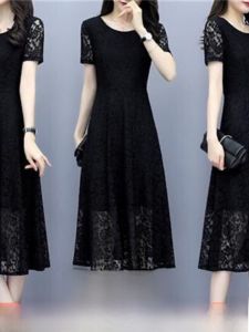 Black Lace Midi Dress Womens Summer Slimming Short Sleeve Dress Korean Style Commute Suitable Cool Feeling A-Line Dress
