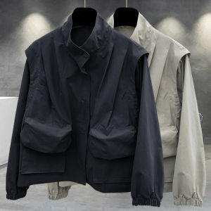 Pure Color Stand Collar Mens Jacket Spring Autumn Trendy Brand Workwear Three Dimensional Fake Two Piece Coat Windbreaker