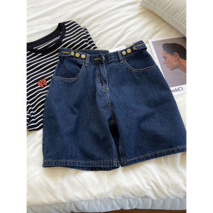 PAIBOLI | Blue High Waist Slimming Wide Leg Five-Quarter Denim Shorts High Street Trendy Womens Fashion European Station New Arrival 2025