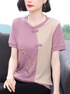 Short Sleeve T-Shirt Womens Summer Wear New Arrival Chinese Style Embroidery Retro Small Shirt Middle-Aged Ladieswear Western Style Youthful-Looking Color Matching T-shirt