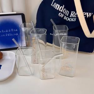 Ly thủy tinh vuông chịu nhiệt. Cốc thủy tinh uống sinh tố sang chảnh cao cấp phong cách