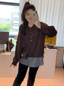 plus Size Striped Patchwork Shirt Sweatshirt Women Early Autumn Loose Belly Covering Slimming Top Layered Clothing