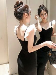 French Vintage Hepburn Style Black Strapless Dress Womens Summer New Sweet Spicy High Quality Slimming Long Dress