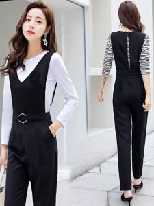 Design Sensation Womens Spring Fashion High Waist Suit Wide Leg Pants Black One-Piece Overalls Ear Muff Accessories
