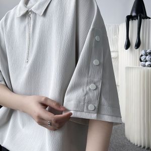 Áo Thun Tay Ngắn Ice Silk Dáng Rộng Mùa Hè Cho Nam Áo Thun Nam Đa Năng Khóa Kéo Nửa Khóa Áo Thun Nam Thời Trang Thường Ngày