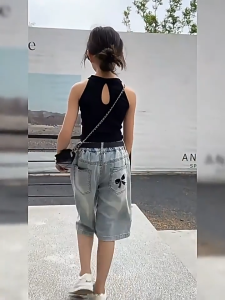 High Waist Maong Short for Kids Girl 5-16Y Bowtie Pattern Loose Half Baggy Denim Shorts for Kids Girl