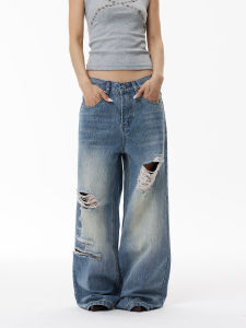 WLNEXT | Vintage Bamboo-patterned Straight Ripped Jean Pants For Couples