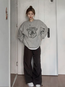 Gray Lazy Shoulder Hoodie Womens round Neck Spring Autumn Thin New Korean Loose Popular Long Sleeve Top Trendy Streetwear