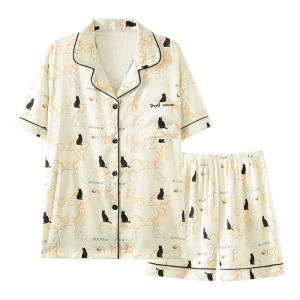 MiiOW | ชุดนอนผ้าไหมน้ำแข็งสำหรับผู้หญิงในฤดูร้อน ชุดนอนแขนสั้น 2 ชิ้น ทรงหลวม ลายการ์ตูน ทรงเจ้าหญิง ชุดอยู่บ้าน ผ้าฝ้ายโพลีเอสเตอร์