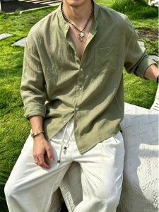 OUMULONG | Áo Flax Linen Nam Cổ Đứng Màu Xanh Quân Đội Vintage Dài Tay Chống Nắng Mỏng