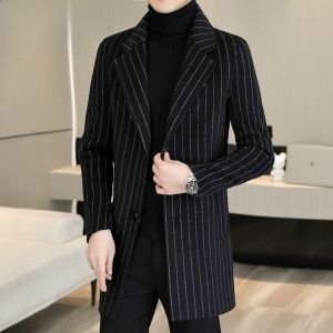 HENGYUANXIANG | Double-Sided Woolen Mens Coat Medium-Length Casual High-End Woolen Windbreaker Striped Business Casual Fashion Urban Style