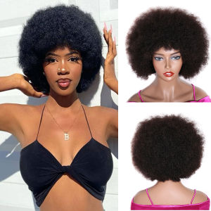 Fluffy Afro Kinky Curlyวิกผมผมมนุษย์กับBangs 70Sธรรมชาติสั้นBobวิกผมผู้หญิงราคาถูกRetroคอสเพลย์เต็มเครื่องWigs