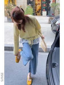 Spring 2025 Korean Style Anti-Aging Thin Lace Splicing Knitted Cardigan And Wide Leg Jeans Set Fashionable Womens Ensemble