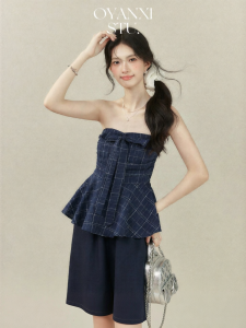 OUYANGXI | Áo Cổ Trụ Rút Vai In Caro Phong Cách Retro
