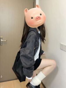 Korean Style Womens Baseball Jacket Zipper Workwear Outerwear Autumn New Design Unique Trendy Long Sleeve Flip Collar Coat