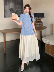 Elegant Chinese Style Summer Outfit for Plus Size Women Bowknot and Print Two-Piece Set