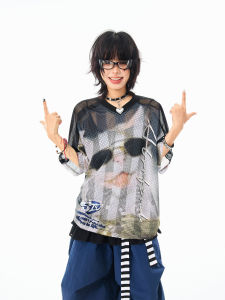 MIKYO American Retro Cat Eye V-neck Short Sleeve T-shirt Women Summer Loose Sports Top Breathable Mesh Casual Fashion