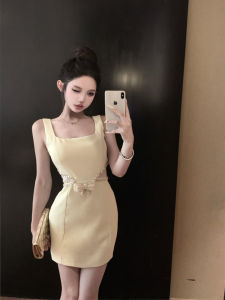 French Style Diamond Embellished Square Neck Lace Dress Womens High Waist Bodycon Skirt Elegant Sensation City Commute