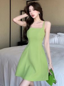 French Green Strapless Summer Dress Womens High-End Hepburn Style Square Collar Slimming Puffy A-Line Umbrella Skirt