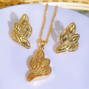 SEQUITO High Quality Women Jewelry Set Leaf Shape  Chain Necklace Stud Earrings Prom Golden Classy Ear Decoration Set SJ410