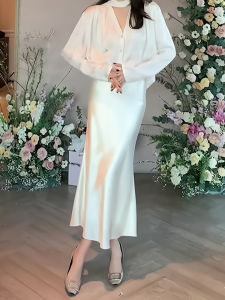 Elegant High Waist Acetate Satin Half Skirt Slimming Solid Color Fish Tail Wrap Long Skirt for plus Size Women Commute Style