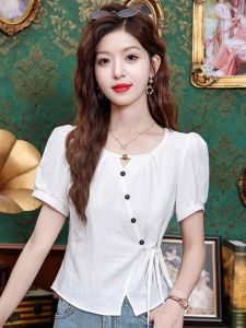 Áo Sơ Mi Nữ Tay Ngắn Thắt Nơ Kiểu Pháp Mùa Hè 2025 Thiết Kế Mới Thời Trang Che Bụng Thon Gọn Áo Phong Cách Công Sở Ôm Vừa Vặn