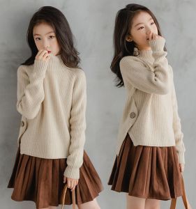 Girls Knitted Sweater Autumn Fashion Woolen Base Shirt Medium Large Children Spring Autumn Cardigan High Collar Long Sleeve Top