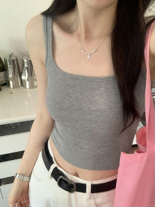 เสื้อกั๊กสั้นคอเหลี่ยมสีเทาสไตล์ฝรั่งเศสสำหรับผู้หญิง แขนกุด เอวสูง สัมผัสหรูหรา แขนกุด แฟชั่นฤดูร้อน 2025 เสื้อกั๊กสุดเท่