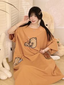 Cute Kobiprova Oversized Loose Sleepwear Dress for Girls Summer Pure Cotton Round Neck Long Dress to the Ankle 200lbs