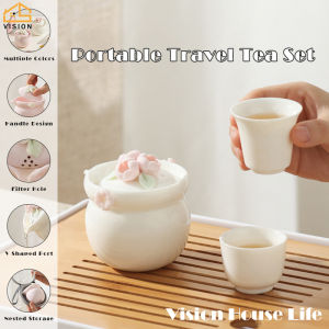 Vision Ceramic Portable Travel Tea Set 1 Pot 2 Cups Kung Fu Tea Set Outdoor Camping Teapot Set Portable Chinese Tea Making Set for Home Office Gifts