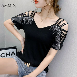 Ammin 2023 mùa hè mới đơn giản thời trang cổ chữ V Tranh bán chạy kim cương sáng Áo thun cotton nối Hở Vai Áo Áo Blouse thanh lịch nữ thoải mái thường ngày cắt tay ngắn cá tính thời trang phong cách Hàn Quốc