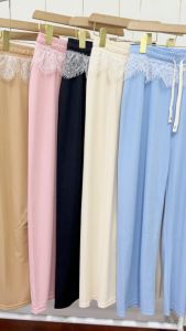 กางเกงขากว้างประดับลูกไม้แฟชั่นสำหรับผู้หญิง กางเกงขายาวทรงตรงระบายอากาศได้ดีสำหรับฤดูร้อน เอวยางยืดพร้อมเชือกผูกกางเกงลำลอง