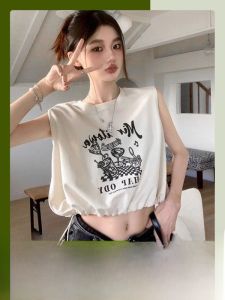 American Retro Spicy Girl Sleeveless T-Shirt Women Summer Small Size Loose Slim Short Drawstring Vest Top Commute Style